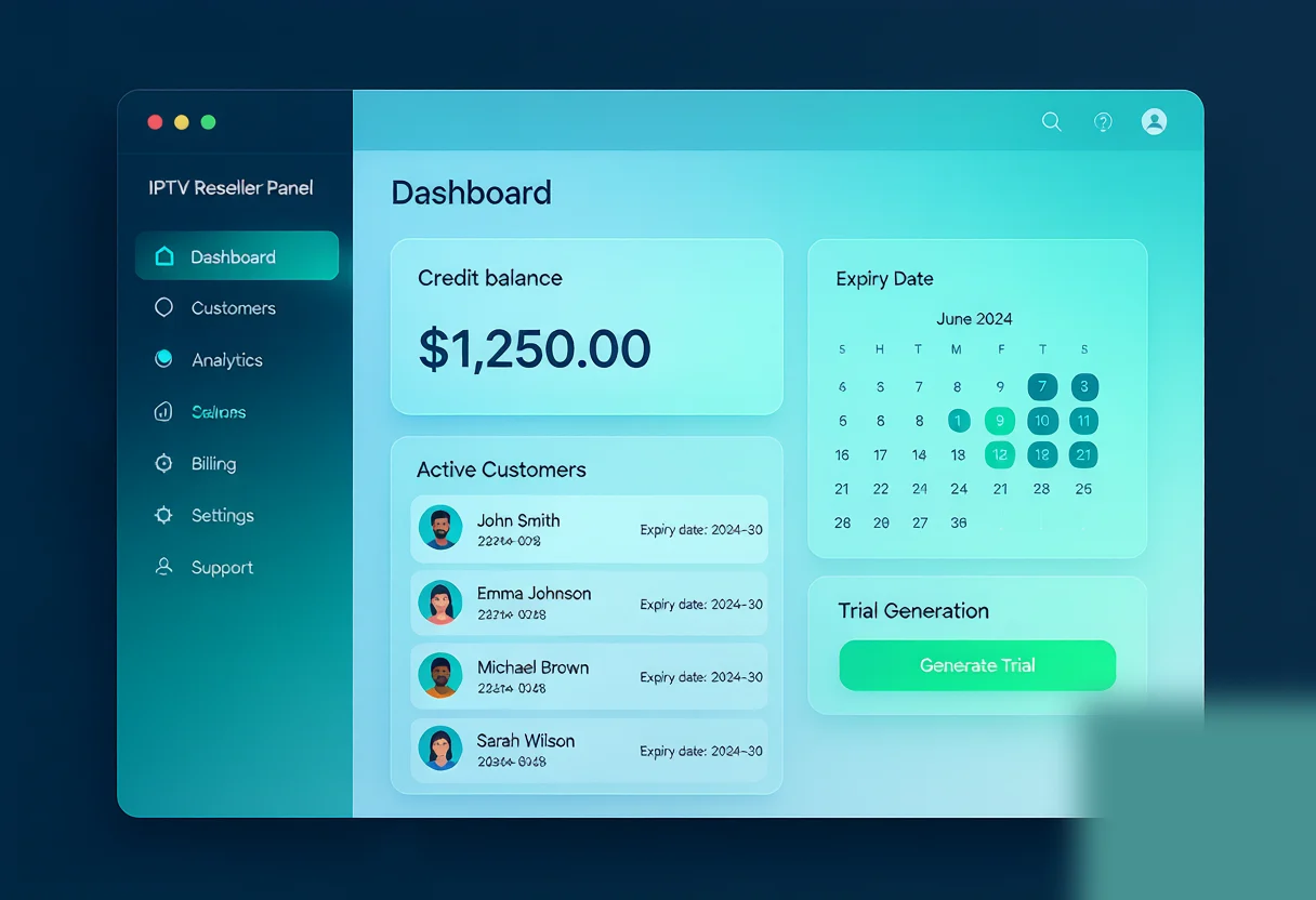 IPTV reseller panel dashboard showing credits balance, active customers, and renewal dates