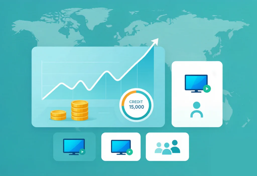 IPTV reseller panel dashboard with rising profit curve, credits balance, and active customer count