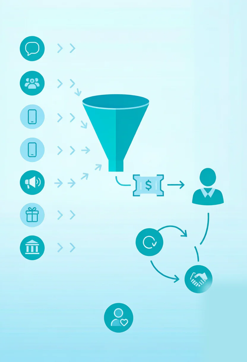 IPTV reseller customer acquisition funnel from 7 channels through free trial to paid customer and renewal referral loop