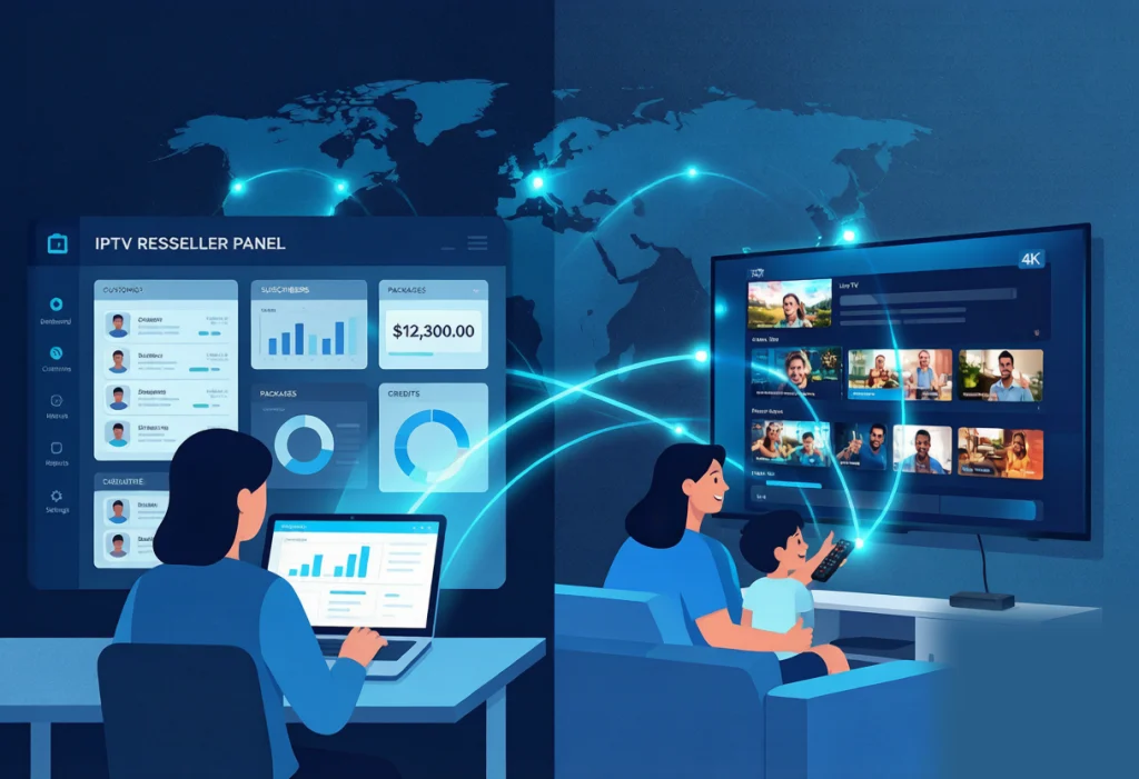 Person managing an IPTV reseller panel while a family watches 4K TV, connected by a world map